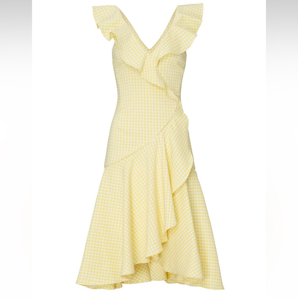 Jonathan Simkhai Yellow/White Gingham Ruffle V-Neck Midi Dress Size 6 $545